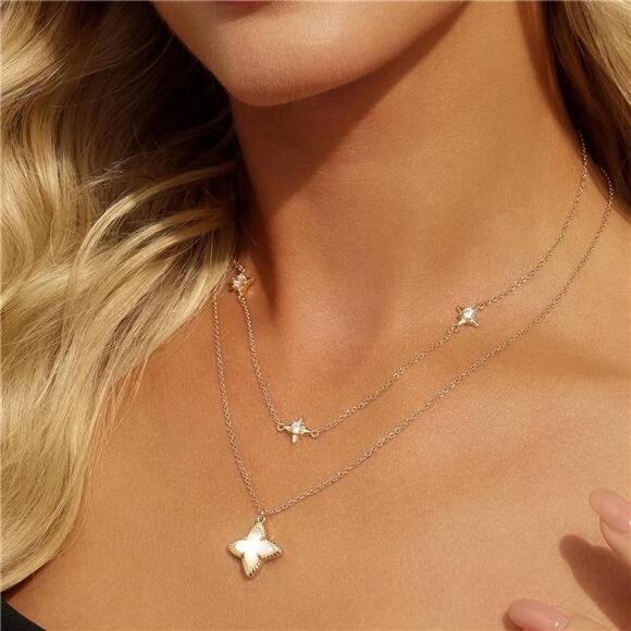 18K Gold Plated Double Layer Necklace | Four-Point Star - Picture 4 of 6